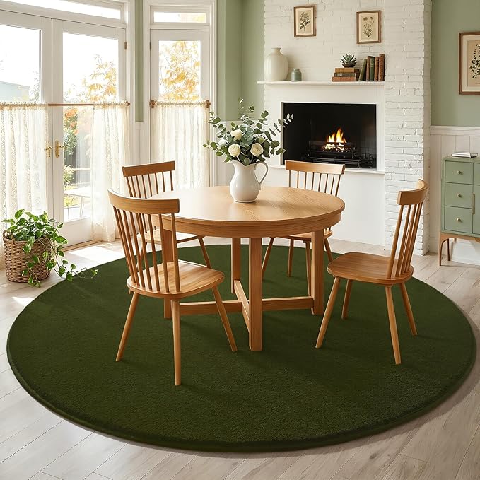 Amearea Olive Green Round Area Rugs 4ft Washable Circle Rugs for Bedroom Living Room, Fluffy Indoor Thickened Memory Foam Rug, Non Slip Minimalist Circular Carpet for Kids Boy Girl Dorm Nursery Room