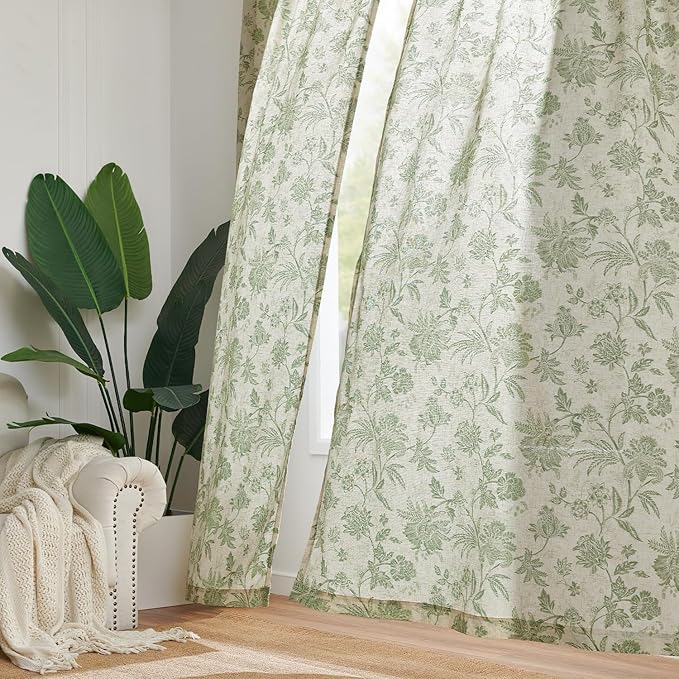 jinchan Linen Floral Curtains for Living Room with Printed Flower 63 Inches Long Light Filtering French Country Back Tab Rod Pocket Sage Green Window Curtain Set Farmhouse Drapes 2 Panels