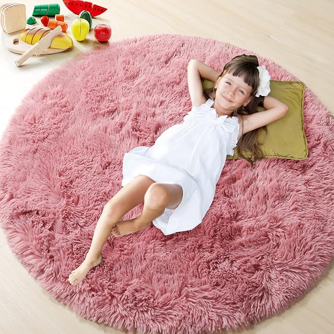 ONASAR Blush Round Area Rugs 4ft for Bedroom Living Room, Fluffy Circle Rug for Kids Girls Boys Teen, Soft Plush Shaggy Carpet for Nursery Dorm Classroom Playroom Home Decor Aesthetic