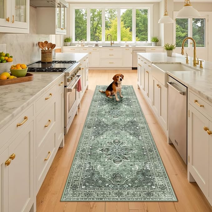 Area Rugs 2'x8' Runner Rug Non Slip Washable for Kitchen Hallway Bedroom Beside Laundry Room Bathroom Rug, Floor Carpet, Dark Green Gray