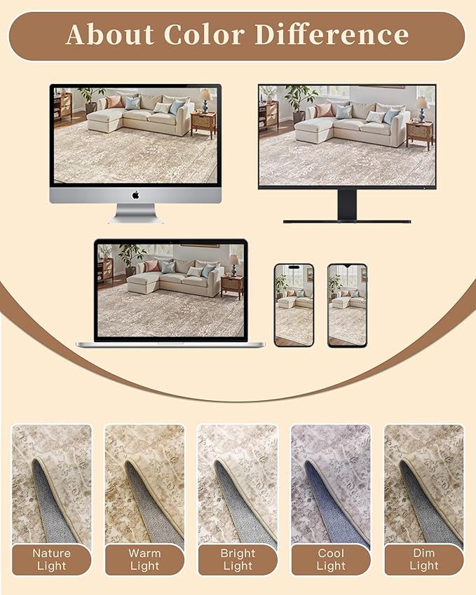 Madane Living Room 10x14 Area Rugs,Washable Low Pile Non-Slip Stain Resistant Extra Large Thin Rug, Vintage Soft Throw Carpet for Dining Room Bedroom Farmhouse Home Office Decor (10 x 14, Beige/Brown)