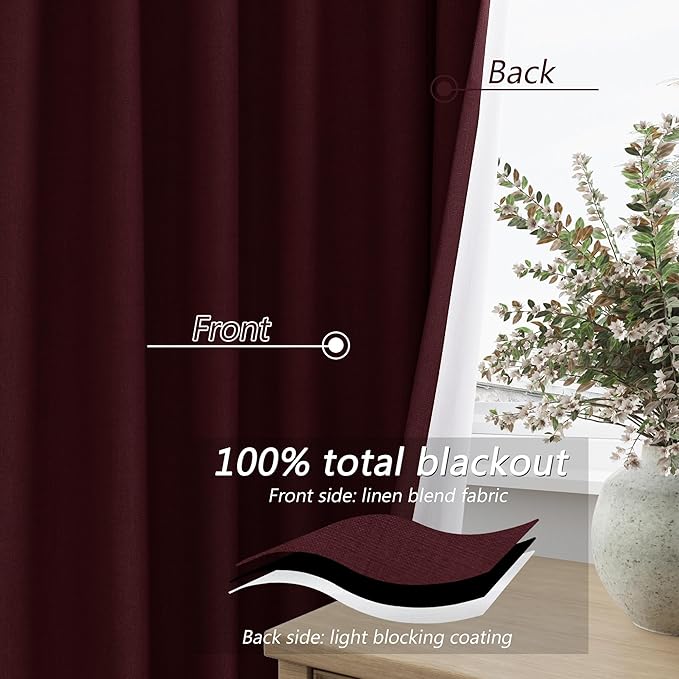 Guken Burgundy 100% Blackout Linen Curtains 84 Inch Length 2 Panels Set for Living Room Bedroom Back Tab Thermal Insulated Black Out Drapes Room Darkening Farmhouse Style for Bedroom Window Curtains