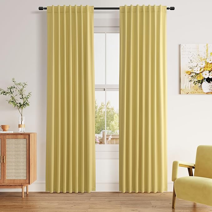 Guken Yellow 100% Blackout Linen Curtains 90 Inch Length 2 Panels Set for Living Room Bedroom Back Tab/Rod Pocket Thermal Insulated Black Out Drapes Room Darkening Farmhouse Window Curtains,52x90