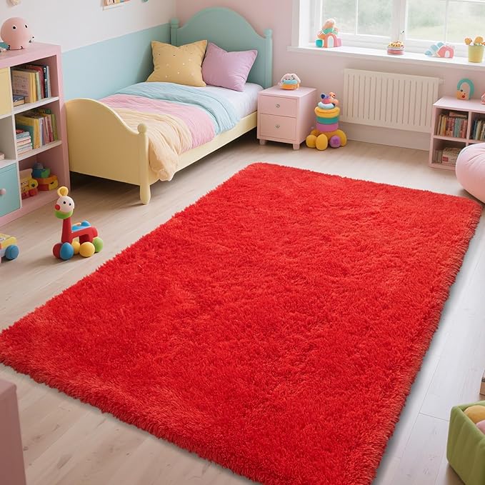 Red Shag Area Rugs for Bedroom Living Room,Ultra Soft Fluffy Christmas Area Rugs 5X8 for Dorm, Indoor Carpet Nursery Rugs for Kids Girls Room Home Decor