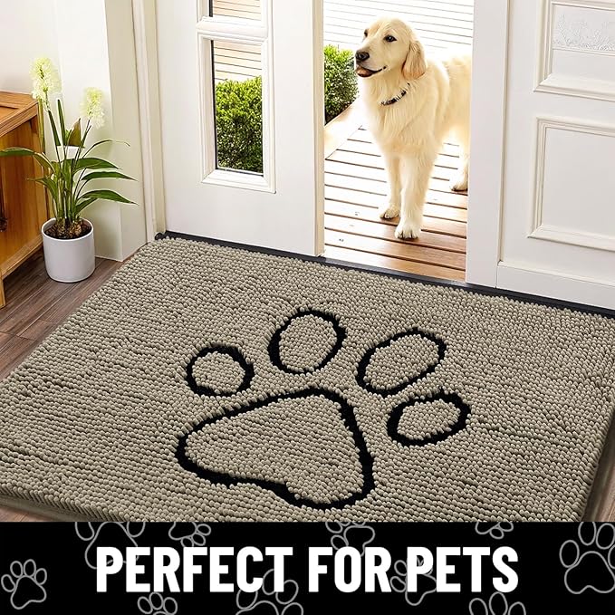 Smiry Dog Door Mat for Muddy Paws, Absorbent Dirt Trapper Non Slip Quick Dry Washable Chenille Mat for Mud Dogs, Entry Rug for Indoor and Outdoor (36x24 Inches, Warm Taupe and Black)