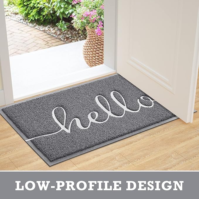 CozyBounty Door Mat Hello Mats Outdoor Indoor Non-Slip Doormat for Entryway Low-Profile Floor Mat for Yard, Garage, High Traffic Areas (32"x20", Grey)