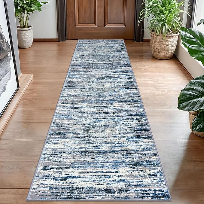 Lansny Modern Abstract Hallway Runner Rug, Grey Blue White Washable Kitchen Runner Non-Slip Soft 2x8 Runner Rug Thin Print Faux Wool Carpet for Entryway Bedroom Laundry Room Indoor Home Decor