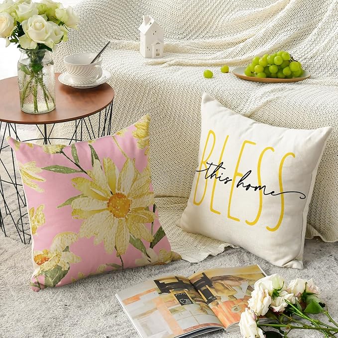 AVOIN colorlife Home Sweet Home Spring Summer Flowers Pink Throw Pillow Covers, 16 x 16 Inch White Cushion Case for Sofa Couch Set of 4