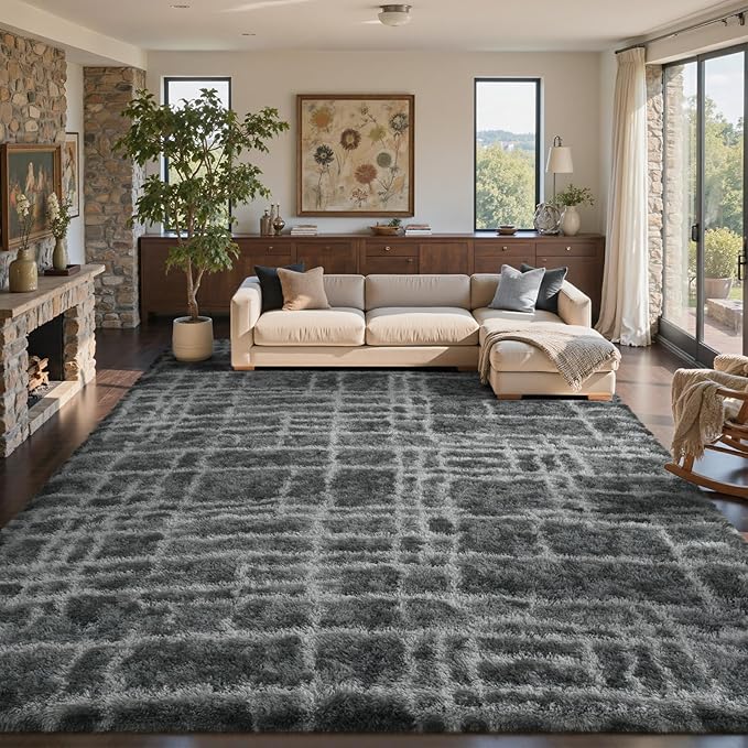 8x10 Ft Extra Large Shag Rugs for Living Room, Tie Dyed Ultra Soft Fluffy Furry Area Rugs for Bedroom Indoor Floor, Aesthetic Carpet for Kids Home Decor (Grey)