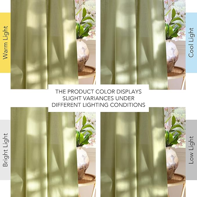 NICETOWN Fresh Green Linen Farmhouse Curtains 96 inches Long, Grommet Thick Flax Semi Sheer Window Treatments Privacy Assured with Light Filtering for Bedroom, W55 x L96, 2 Panels
