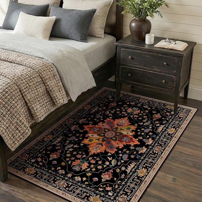 Area Rugs 3'x5' Washable Non-Slip, Floral Vintage Distress Print Pattern Medallion Carpet for Living Room Bedroom Dining Room, Black Colorful Floral Dark Tan