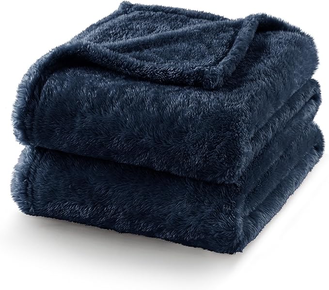 Exclusivo Mezcla Plush Fuzzy Fleece Bed Blanket Queen Size, Super Soft, Fluffy and Warm Blankets for Couch, Bed, All Season (Navy Blue, 90x90 inches)