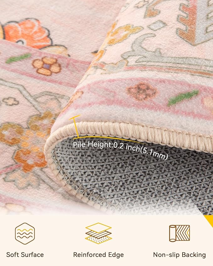 RELEANY Area Rugs 4ft Washable Non-Slip, Floral Vintage Distress Print Pattern Medallion Carpet for Living Room Bedroom Dining Room, Light Pink Colorful