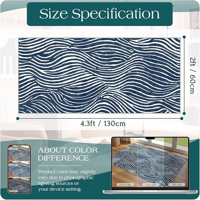 Front Door Mat Indoor Entrance - 2x4.3 Ft Modern Washable Layered Doormat Outdoor Entrance Porch Rug Non-Slip Abstract Blue White Waves Runner Rug for Kitchen Bedroom Laundry Room Porch Decor