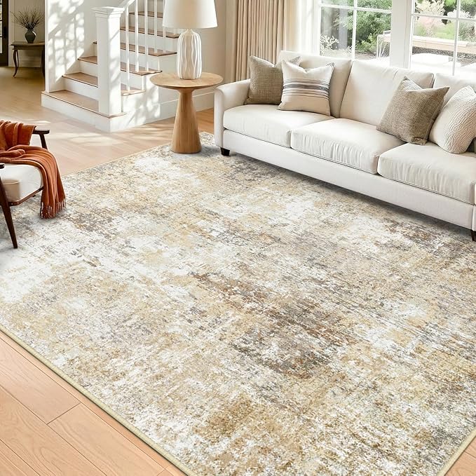 Washable Area Rugs 5'x7' Non-Slip Modern Abstract Soft for Living Room Entryway Bedroom Nursery, Print Pattern, Neutral Brown Gray