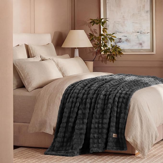 Bedsure 3D Fleece Bubble Blanket - GentleSoft Grey Queen Blanket for Bed Sofa Room Decor - Luxury Soft Cozy Gifts for Kids, Lightweight, All Seasons, Dark Grey, 90"×90"
