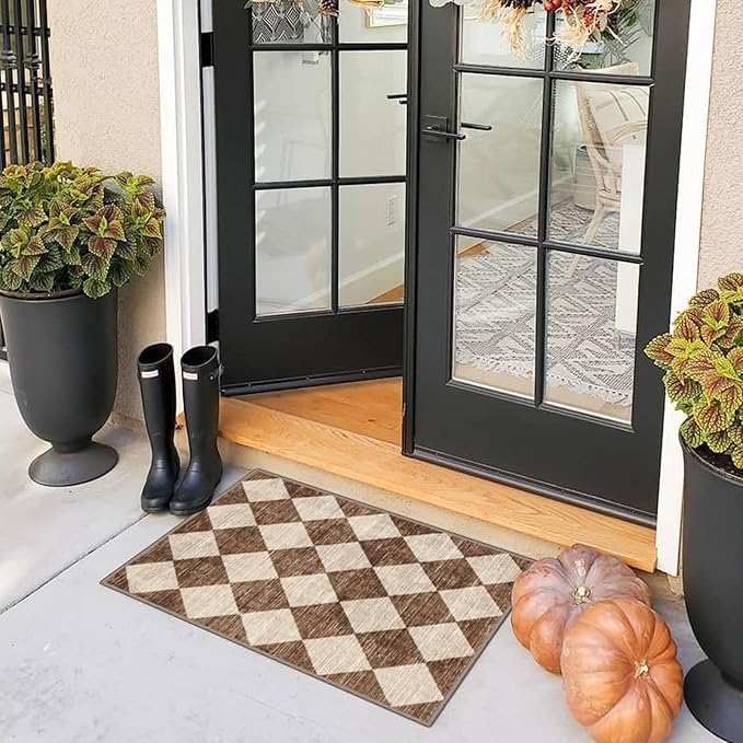 Front Door Rug - 2x3 Brown Beige Non-Slip Washable Doormat Indoor Outdoor Mat Outside Entrance Entry Rug Checkered Diamond Small Area Rugs for Entryway Bedroom Kitchen Front Porch Decor