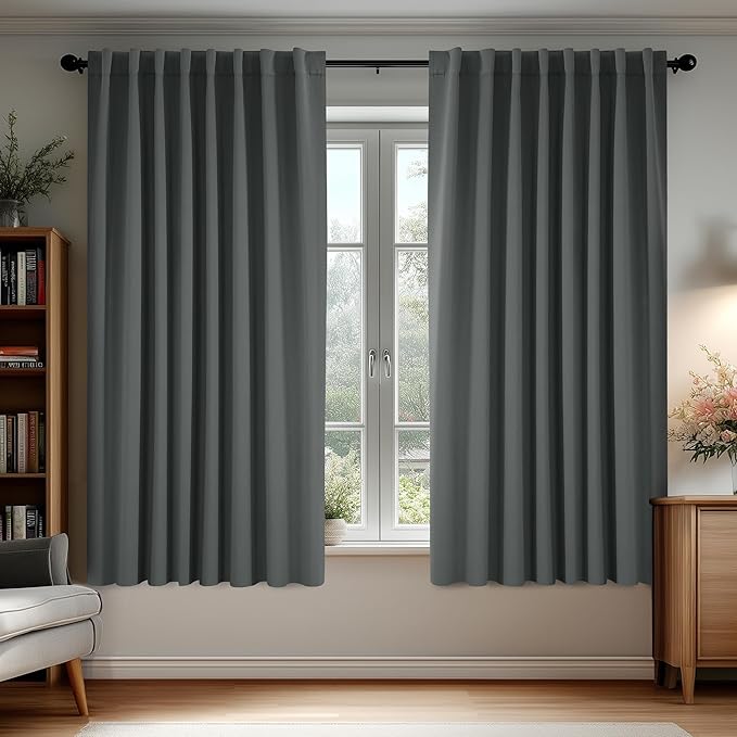Deconovo Blackout Curtains, Thermal Insulated, W70 x L63 2 Panels, Back Tab, Machine Washable, Room-Darkening Drapes for Bedroom/Living Room Dark Grey