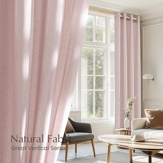 NICETOWN Thick Linen Blush Pink Curtains 2 Panels for Kids Room, Grommet Flax Linen Privacy Added with Light Filtering Window Treatments for Bedroom/Living Room, W55 x L96