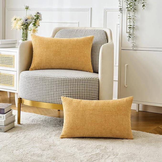 MIULEE Pack of 2 Couch Throw Pillow Covers 12x20 Inch Soft Gold Chenille Lumbar Pillow Covers for Sofa Living Room Spring Home Decor Couch Solid Dyed Cases