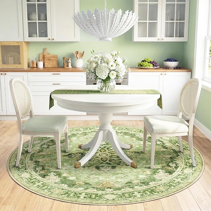Area Rugs 6ft Washable Non-Slip, Floral Vintage Distress Print Pattern Medallion Carpet for Living Room Bedroom Dining Room, Sage Green Yellow