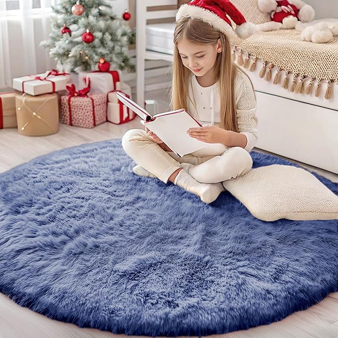 OLANLY Denim Blue Round Rugs for Bedroom - Machine Washable, 4 ft Circle Area Rugs for Living Room, Soft and Fluffy Shaggy Carpet for Teen Girl and Boys, Nursery Rooms, Dorms, Home Decor Aesthetic