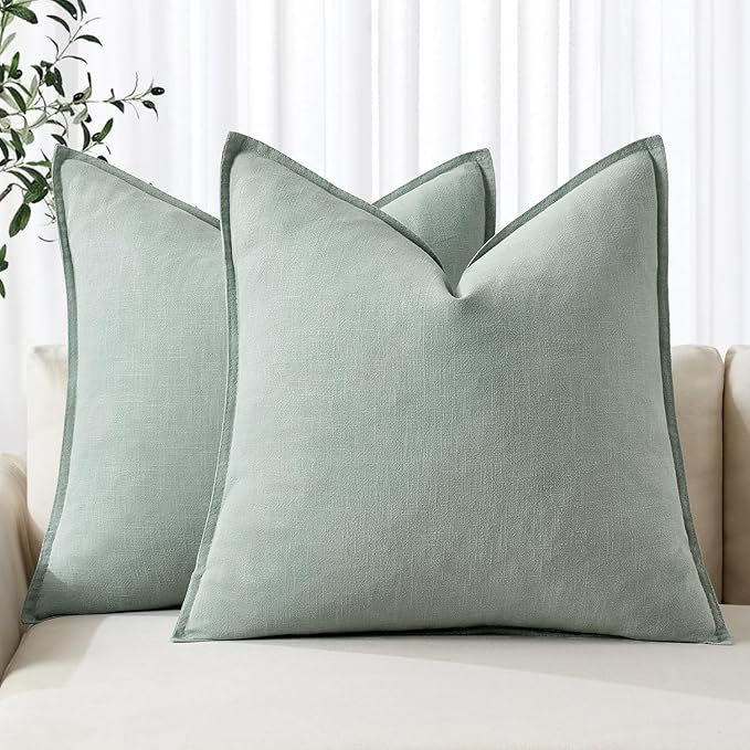 MIULEE Decorative Linen Euro Sham Pillow Covers 22x22 Inch Aqua Green Boho Farmhouse Neutral Spring Couch Throw Pillows for Bed Pack of 2 Accent Modern Pillowcase Summer Sofa Livingroom Home Decor