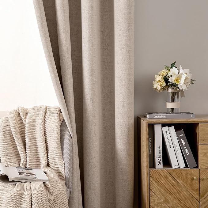 MIULEE 100% Blackout Linen Textured Curtains for Bedroom Solid Thermal Insulated Natural Beige Grommet Room Darkening Curtains & Drapes Luxury Decor for Living Room Nursery 52 x 98 Inch (2 Panels)