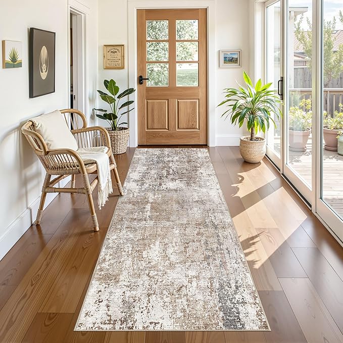 UERMEI 3X8 Washable Runner Rug for Hallway: Soft Neutral Modern Abstract Area Rug - Non-Slip Low Pile Long Throw Indoor Carpet for Kitchen Entryway Kitchen Bedroom Laundry Bathroom - Brown/Grey/Red