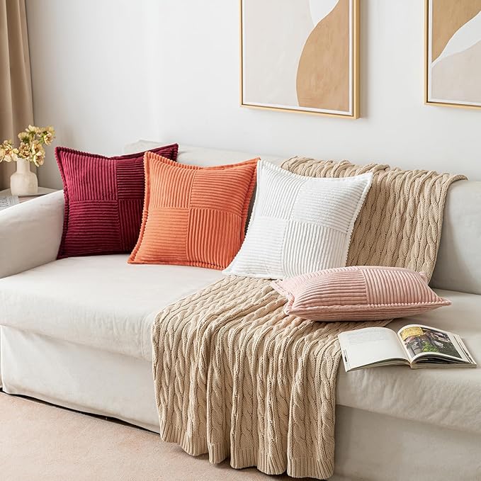MIULEE Orange Decorative Lumbar Throw Pillow Covers for Couch Bed Livingroom 12x20 Inch Set of 2 Boho Accent Throw Pllows Broadside Striped Patchwork Soft Corduroy Pillowcases