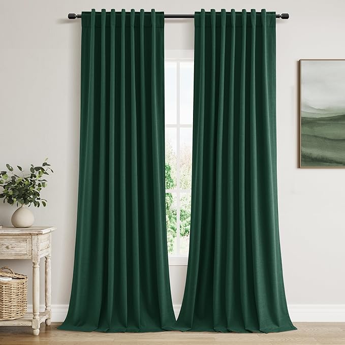 Guken Dark Green 100% Blackout Linen Curtains 84 Inch Length 2 Panels Set for Living Room Back Tab Thermal Insulated Black Out Drapes Room Darkening Farmhouse Style for Bedroom Curtains 52x84