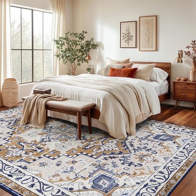 Rugflix 9x12 Area Rug for Living Room, Machine Washable Area Rugs with Non-Slip Backing, Large Soft Boho Vintage Rug for Bedroom, Dining Room, Low Pile Carpet, Kids Pet Friendly, Brown Beige
