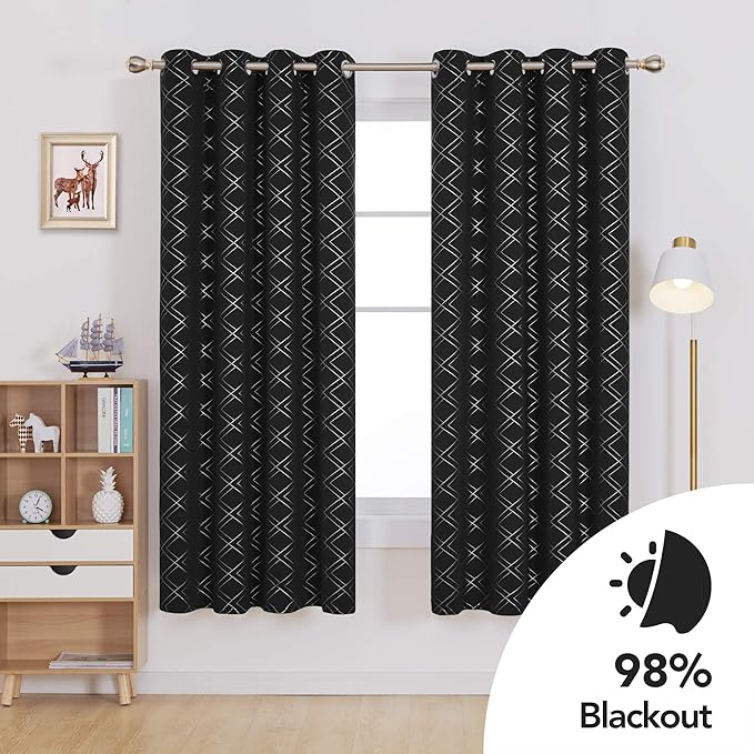 Deconovo Blackout Curtains 63 Inch Length for Nursery Kitchen (52x63 Inch, Black/Silver, 2 Panels) Thermal Insulated Panels, Soundproof Window Drapes, for Living Room Bedroom