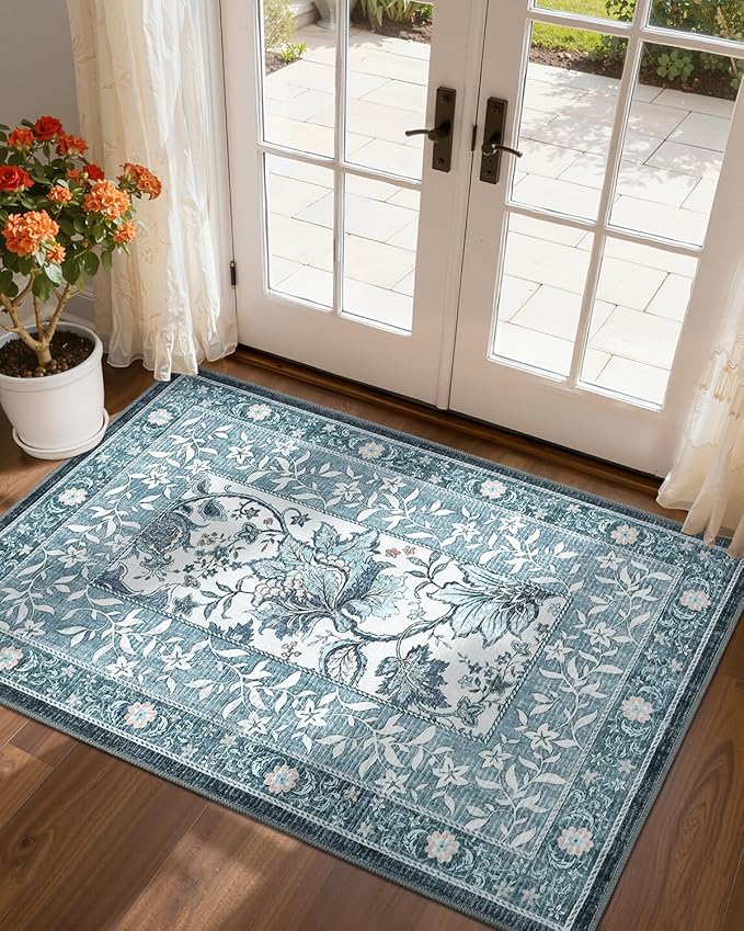 GarveeHome Mist Blue 2x3 Door Mat Indoor Rugs for Entryway Provence Small Botanical Grove Cottagecore Washable Non-Slip Low-Pile Rug for Bedroom Kitchen Bathroom Entrance