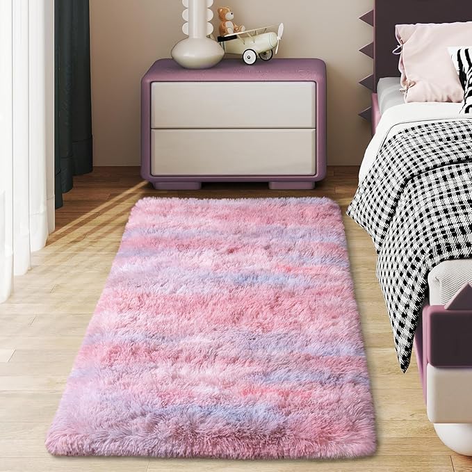 Soft Runner Rugs for Bedroom Hallways, 2x4 Abstract Pink Fluffy Shag Throw Area Rug Non Slip for Bedside Dorm, Long Shaggy Furry Carpet for Nursery Living Room