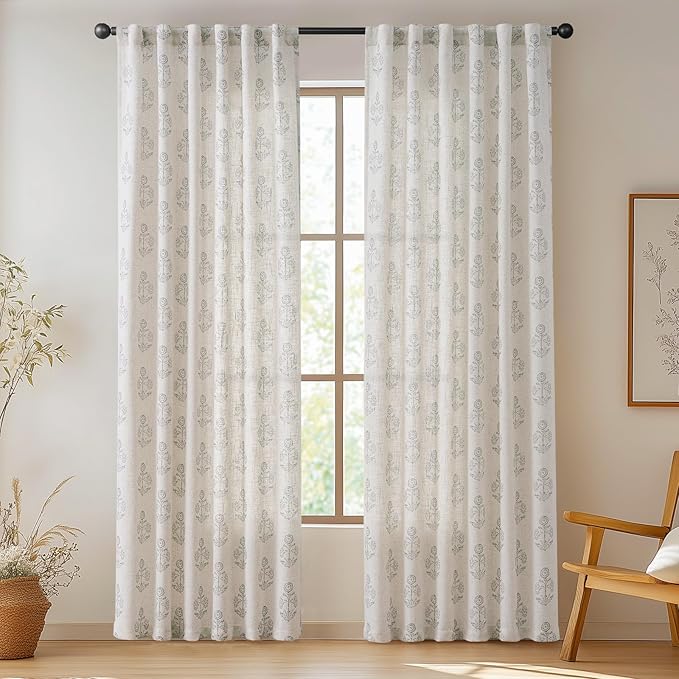 jinchan Linen Floral Curtains for Living Room 84 Inch Length Gray Flower Cottage Core Farmhouse Curtains Rod Pocket Back Tab Boho Semi Sheer Window Drapes Bedroom Set 2 Panels Grey on Beige