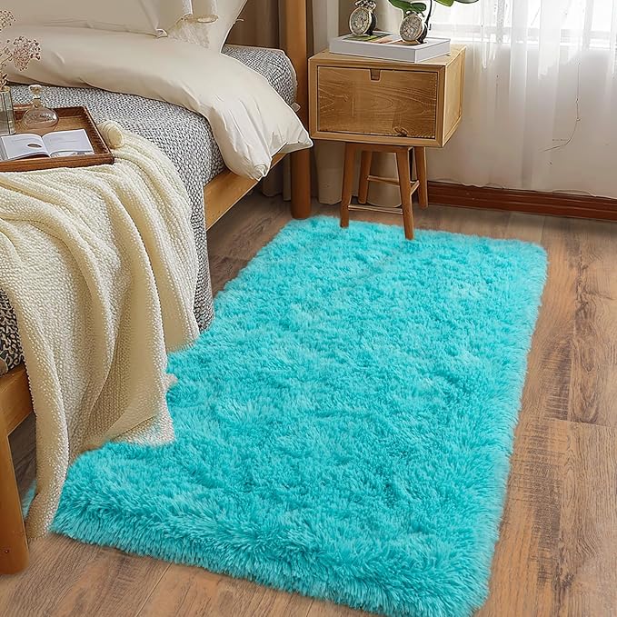 Soft Runner Rugs for Bedroom Hallways, 2x4 Teal Blue Fluffy Shag Throw Area Rug Non Slip for Bedside Dorm, Long Shaggy Furry Carpet for Nursery Living Room