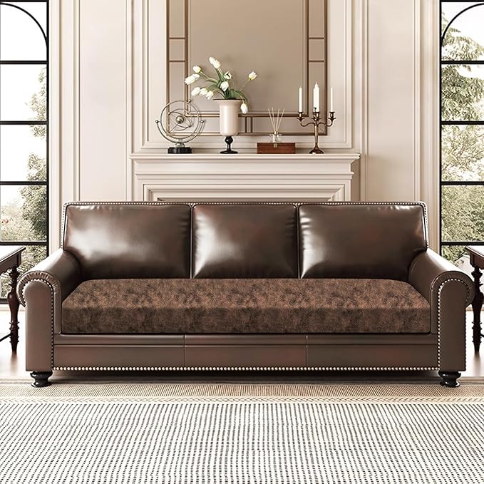 Leather Look Couch Cushion Covers Sofa Seat Slipcovers Sets Couches Furniture Protector for Sectional Armchair Loveseat Pets Kids Stretch Spandex Fabric (1 Cushion Sofa, Dark Brown)