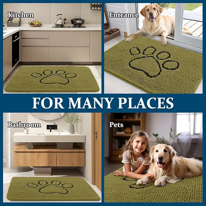 OLANLY Dog Door Mat for Muddy Paws 48x30, Paw Print Design, Absorbs Moisture and Dirt, Non-Slip Washable Doormat, Quick Dry Chenille Mud Mat for Dogs, Entry Indoor Entryway Carpet, Willow Green