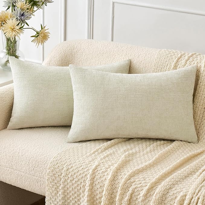 MIULEE Pack of 2 Cream Throw Pillow Covers 12x20 Inch Soft Chenille Lumbar Pillow Covers for Sofa Living Room Spring Home Decor Couch Solid Dyed Cases