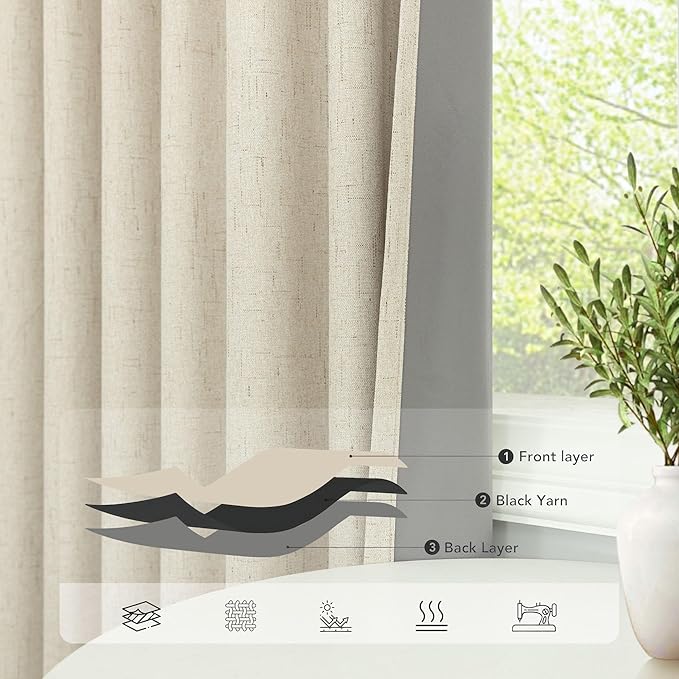 Pitalk 80 Inch Curtains 2 Panel Set Linen Blackout Curtains for Daughters Room Bedroom Thermal Black Out Long Drapes for Picture Window Apartment Hall Loft Hotel Office 52x80 Inch Length 2 Panel Beige