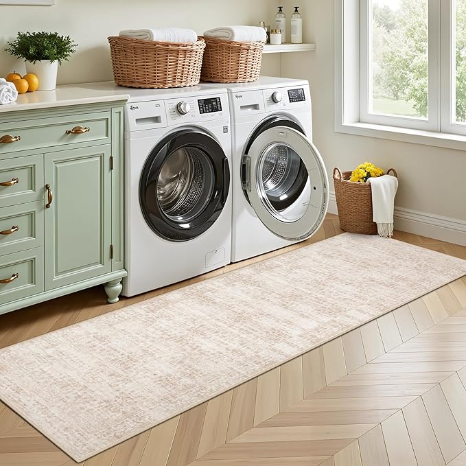 Hallway Runner Rug Non Slip - Washable 2.6x8 Kitchen Rugs for Living Room, Low-Pile Soft Bedroom Rug Indoor Floor Stain Resistant Carpets for Entryway, Laundry, Bathroom Beige Brown