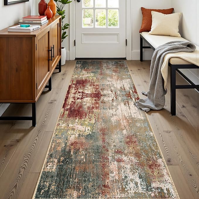 Washable Area Rugs 2'x8' Non-Slip Modern Abstract Soft for Living Room Entryway Bedroom Nursery, Print Pattern, Brown Rust Red Green Blue Multi