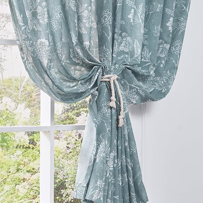 jinchan Linen Floral Curtains for Living Room, 96 Inch Length Curtains with Printed Flower Light Filtering Curtain, Rod Pocket Back Tab Blue Window Treatment Set Bedroom Curtain, 2 Panels Blue