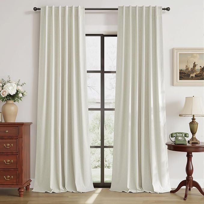 RYB HOME 100% Blackout Curtains Natural Linen Blended, Thermal Insulated Room Darkening Window Treatment with White Liner Classy Home Decor for Living Room Nursery, Natural, W52 x L95 inch, 2 Panels