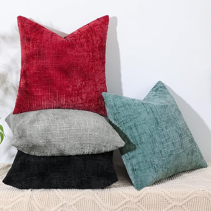 decorUhome Red Chenille Throw Pillow Covers 18x18 Set of 2 Textured Soft Cozy Slubby Couch Pillow Covers Modern Farmhouse Boho Decorative Pillow Cases for Bed Sofa Living Room