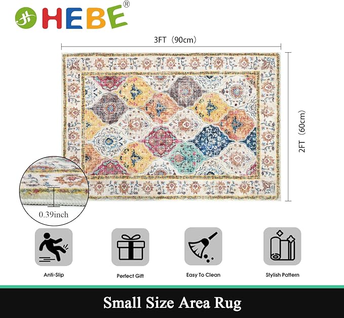 HEBE Washable Area Rug - 2'x3' Non Slip Soft Distressed Medallion Bedroom Boho Living Room Accent Throw Vintage Entry Floor Carpet for Dining Room Bathroom Entryway