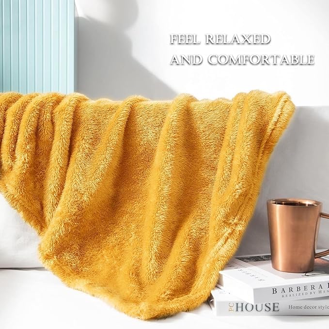 Exclusivo Mezcla Plush Fuzzy Fleece Throw Blanket Extra Large, Super Soft, Fluffy and Warm Blankets for Couch, Bed, All Season (Mustard Yellow, 50x70 inches)