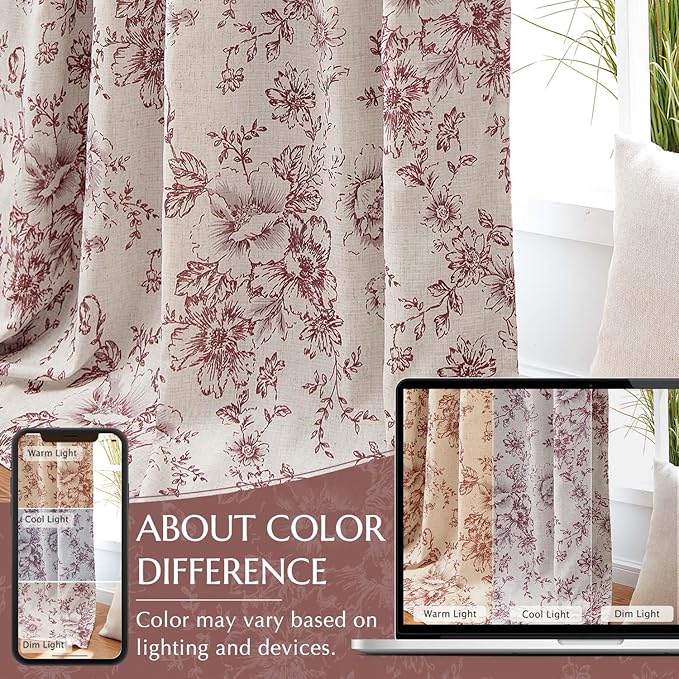 jinchan Blackout Floral Curtains for Living Room Bedroom Linen Blend Curtain Farmhouse Brick Red Printed with Lined Back Tab Rod Pocket Drapes Window Treatments 2 Panels 84 Inch