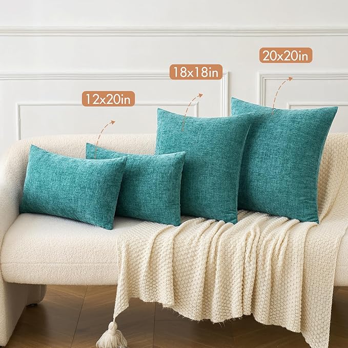 MIULEE Pack of 2 Couch Throw Pillow Covers 22x22 Inch Soft Teal Chenille Pillow Covers for Sofa Living Room Solid Dyed Pillow Cases